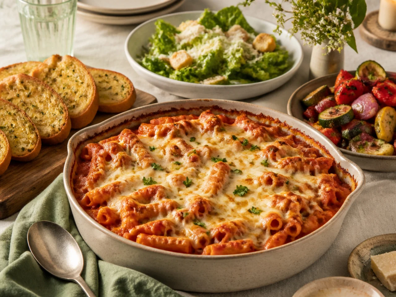 baked ziti served with warm garlic bread, a Caesar salad and roasted vegetables