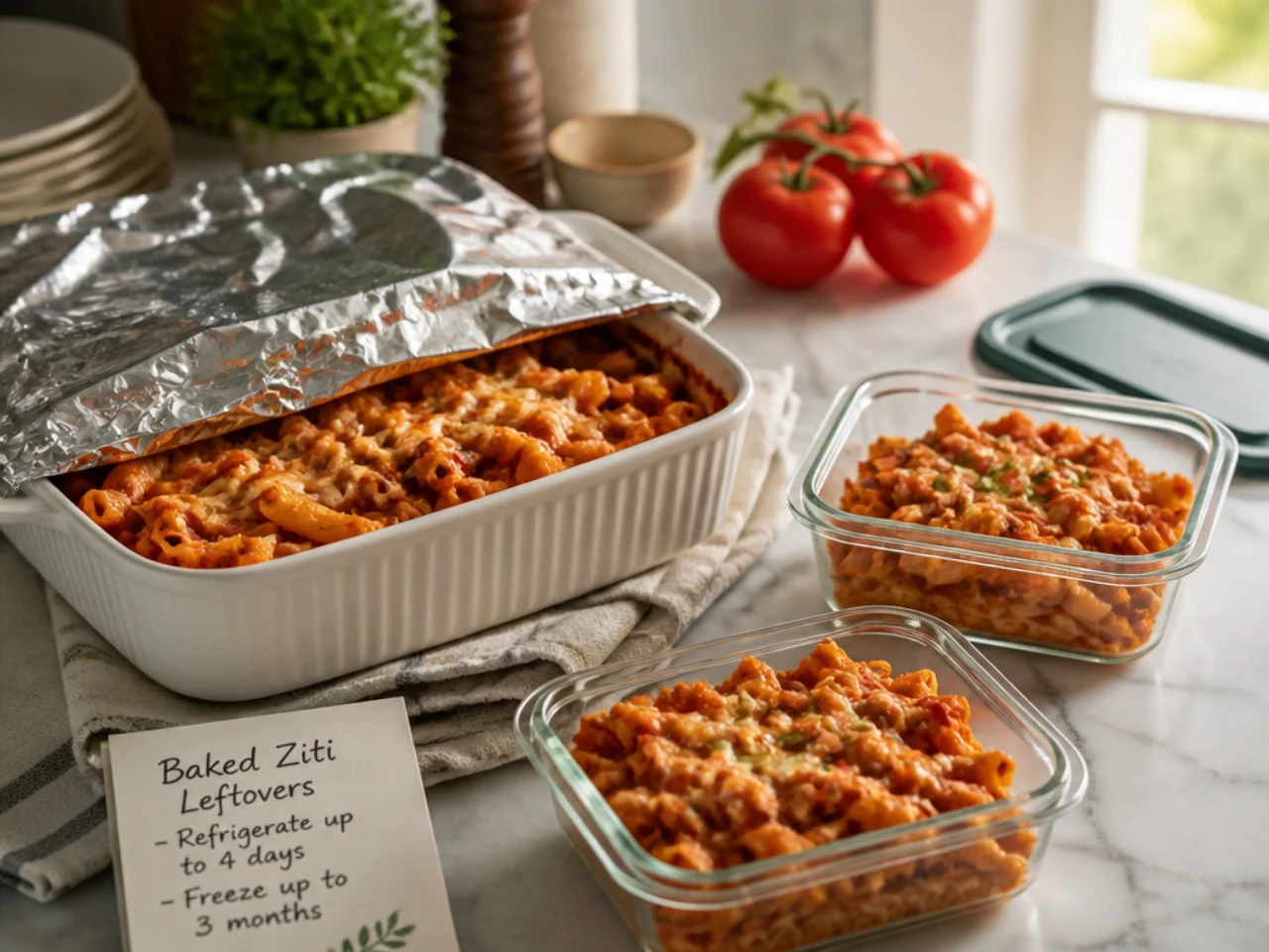 Make-ahead storage of baked ziti in containers
