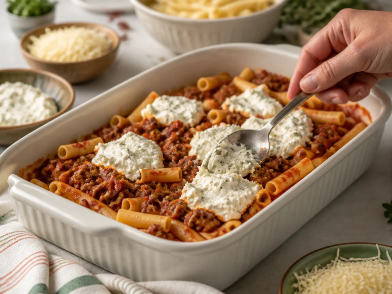 Step-by-step process shot for baked ziti