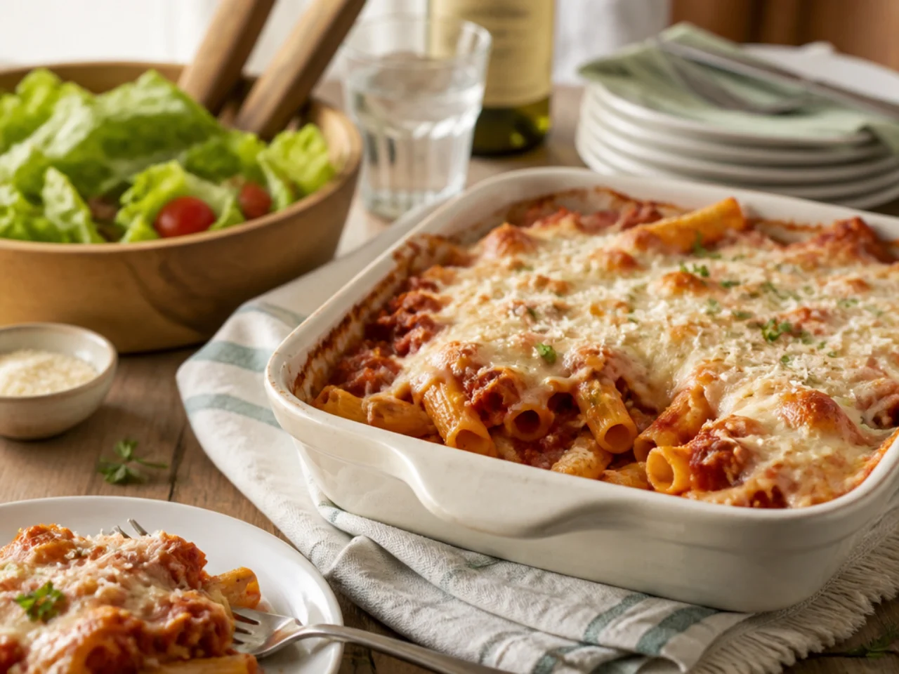 baked ziti served family-style on a cozy table