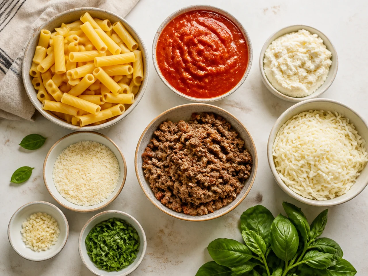 Fresh ingredients for baked ziti arranged in bowls