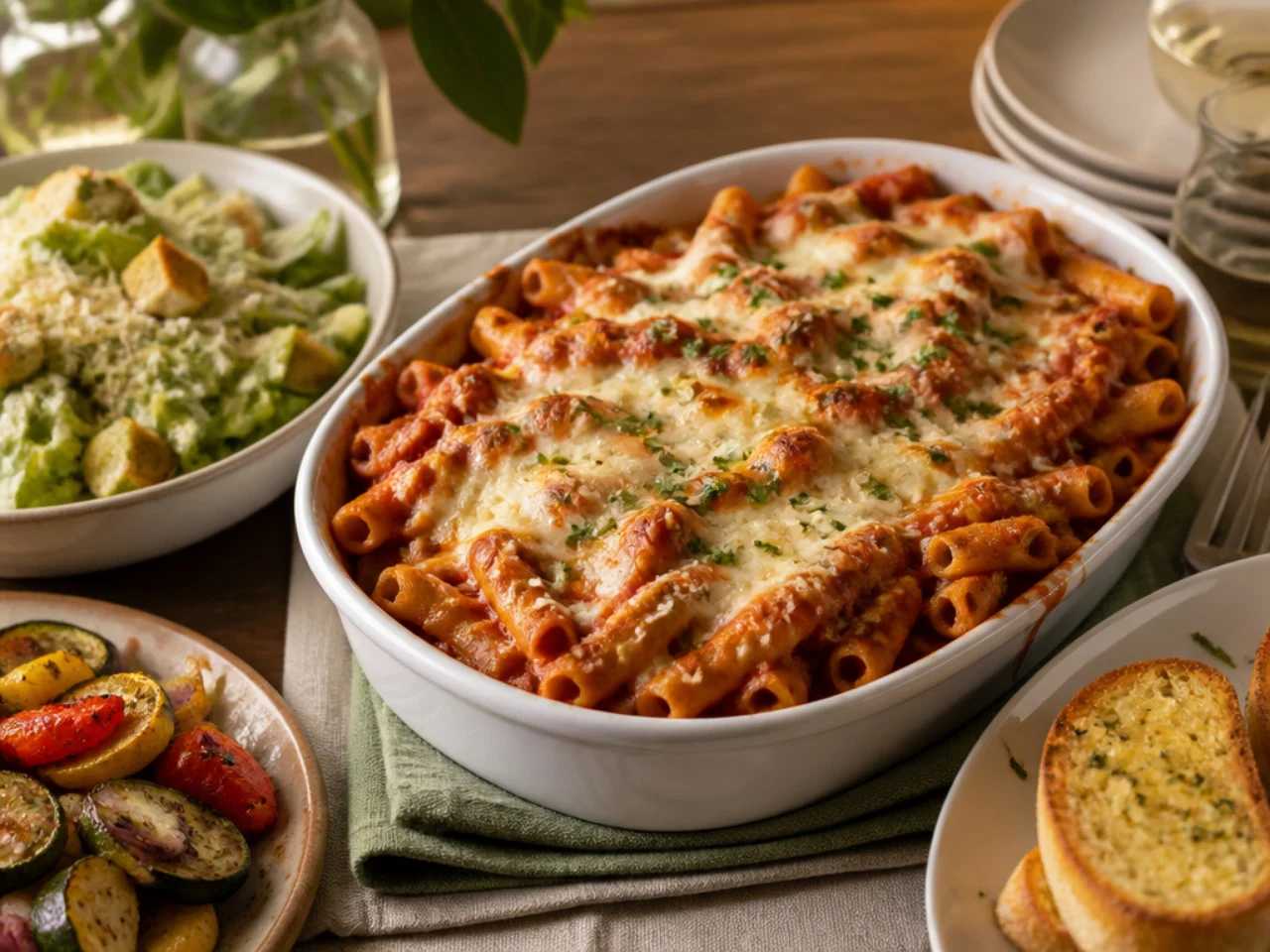 baked ziti served with warm garlic bread, a Caesar salad and roasted vegetables