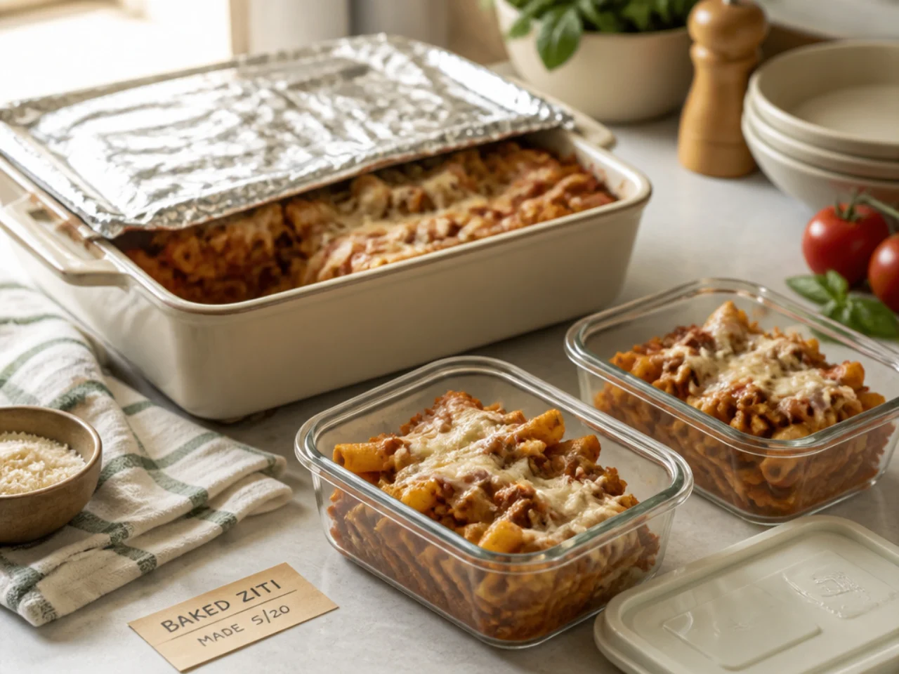 Make-ahead storage of baked ziti in containers