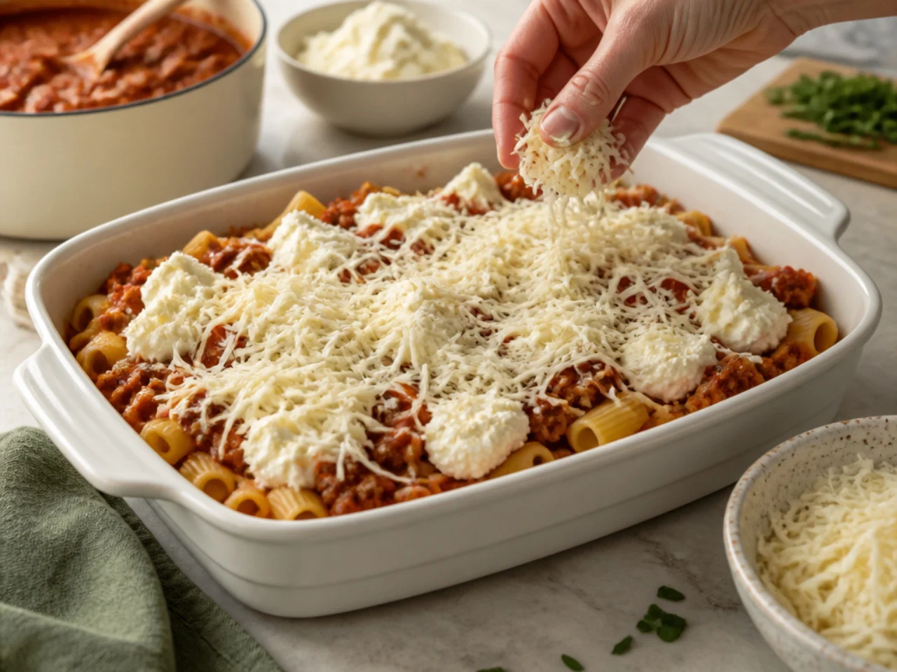 Step-by-step process shot for baked ziti