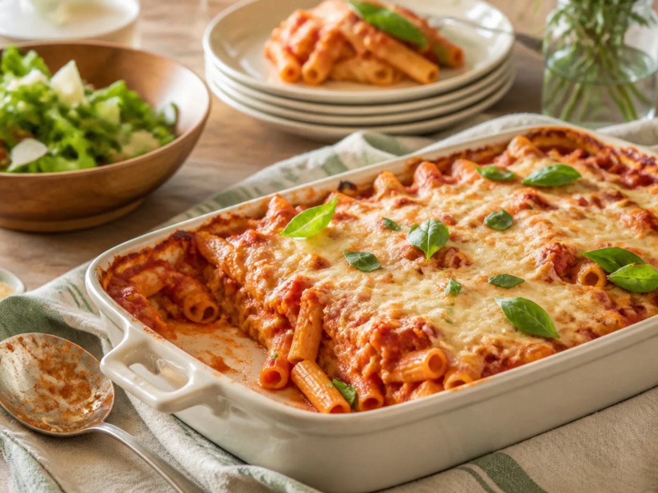 baked ziti served family-style on a cozy table