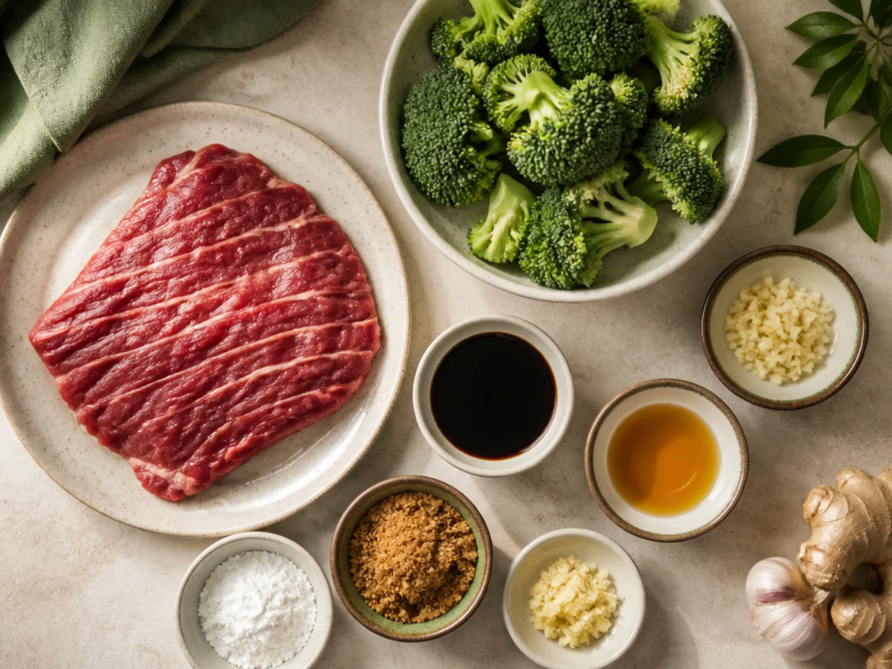 Fresh ingredients for beef and broccoli arranged in bowls