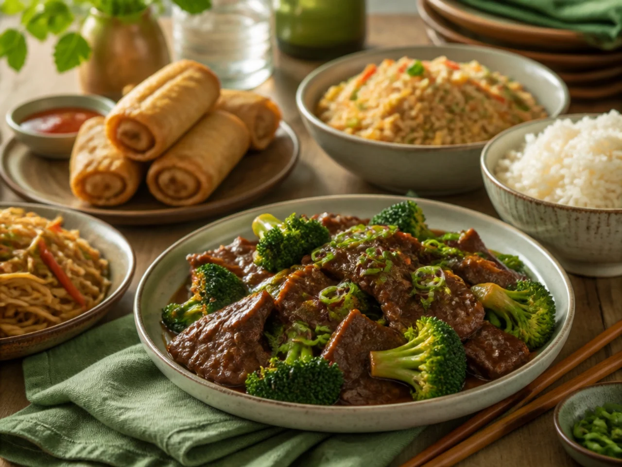 beef and broccoli served with steamed jasmine rice, fried rice, lo mein or egg rolls
