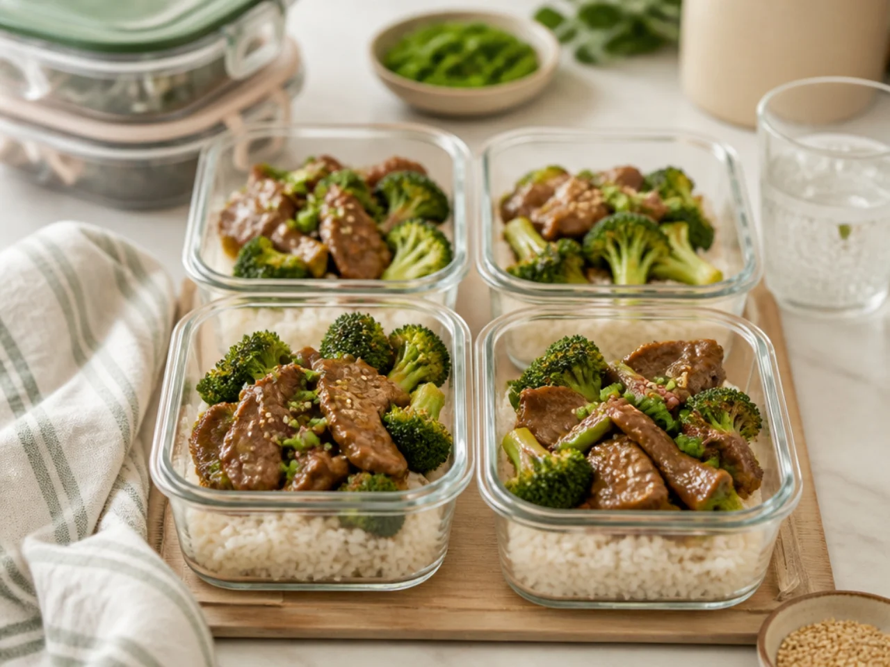 Make-ahead storage of beef and broccoli in containers