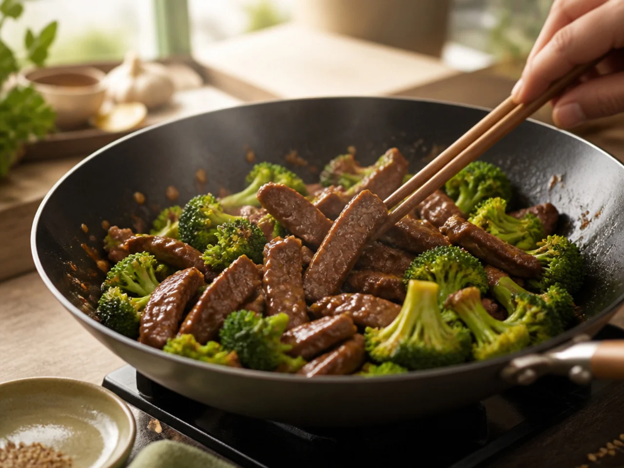 Step-by-step process shot for beef and broccoli