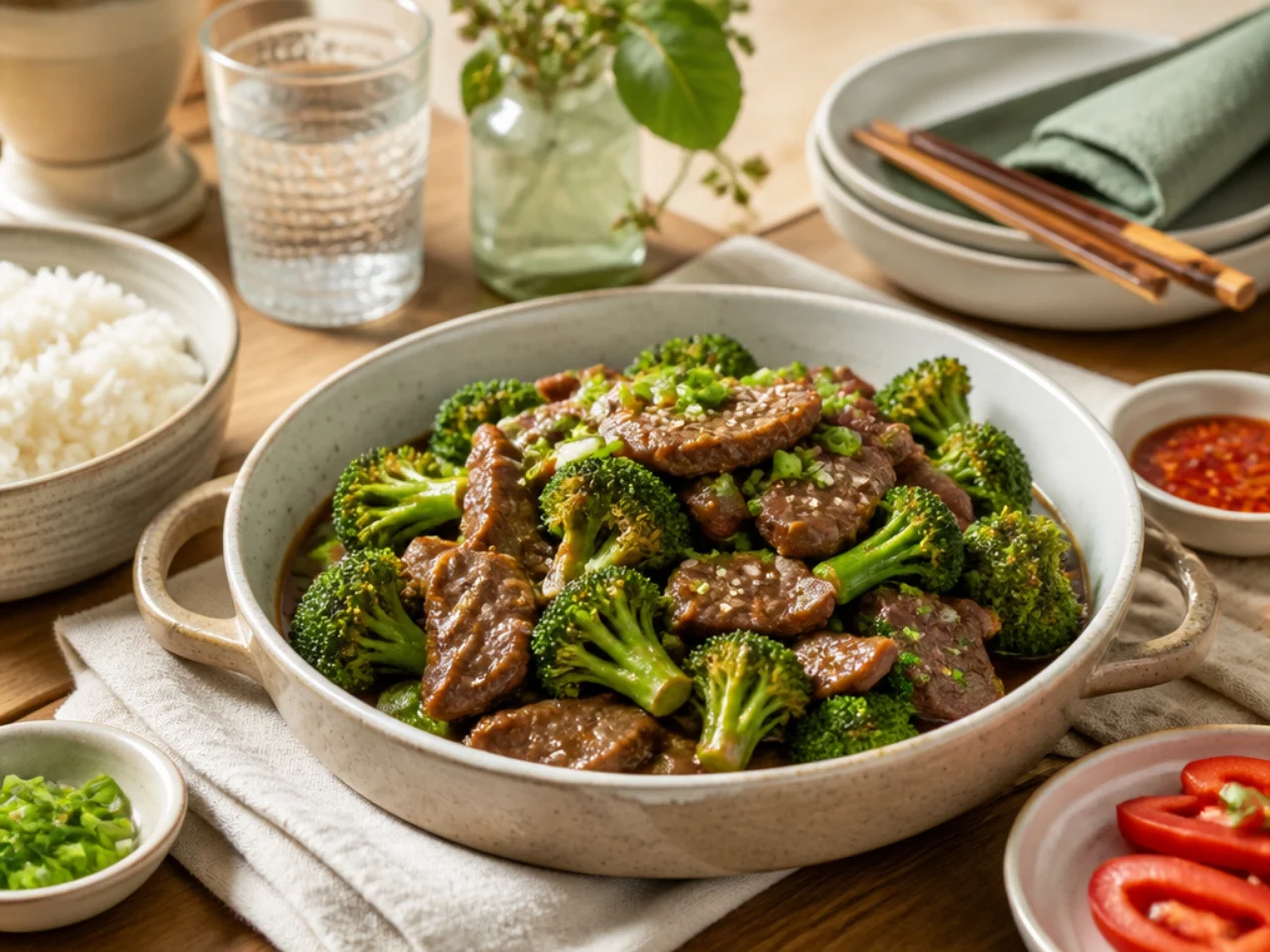 beef and broccoli served family-style on a cozy table