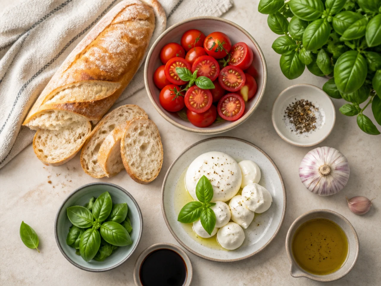 Fresh ingredients for bruschetta arranged in bowls