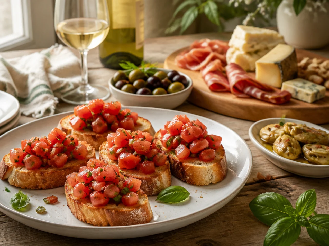 bruschetta served with a cheese board, marinated olives, antipasto and chilled white wine