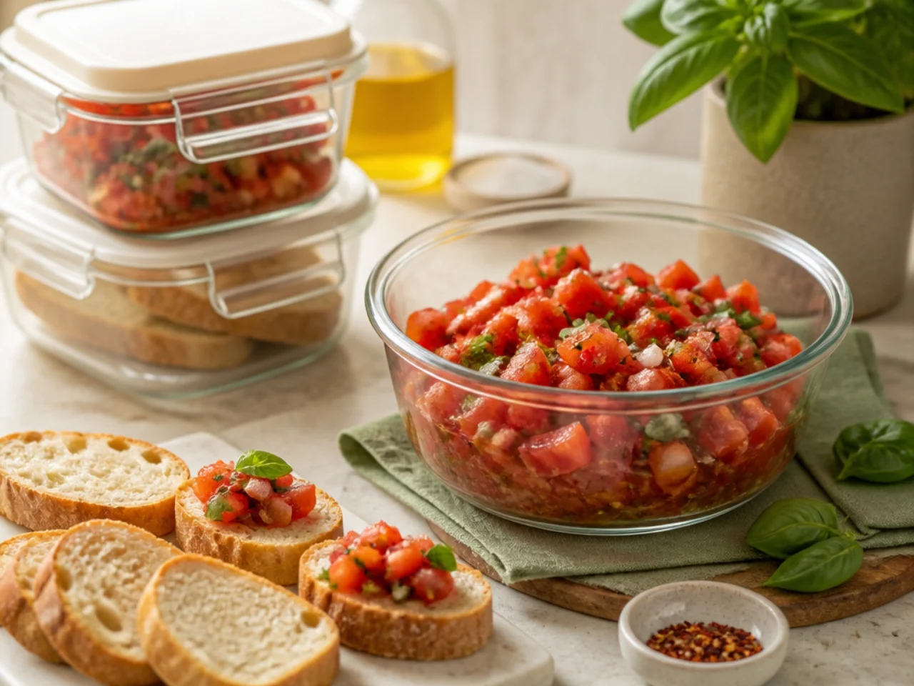 Make-ahead storage of bruschetta in containers