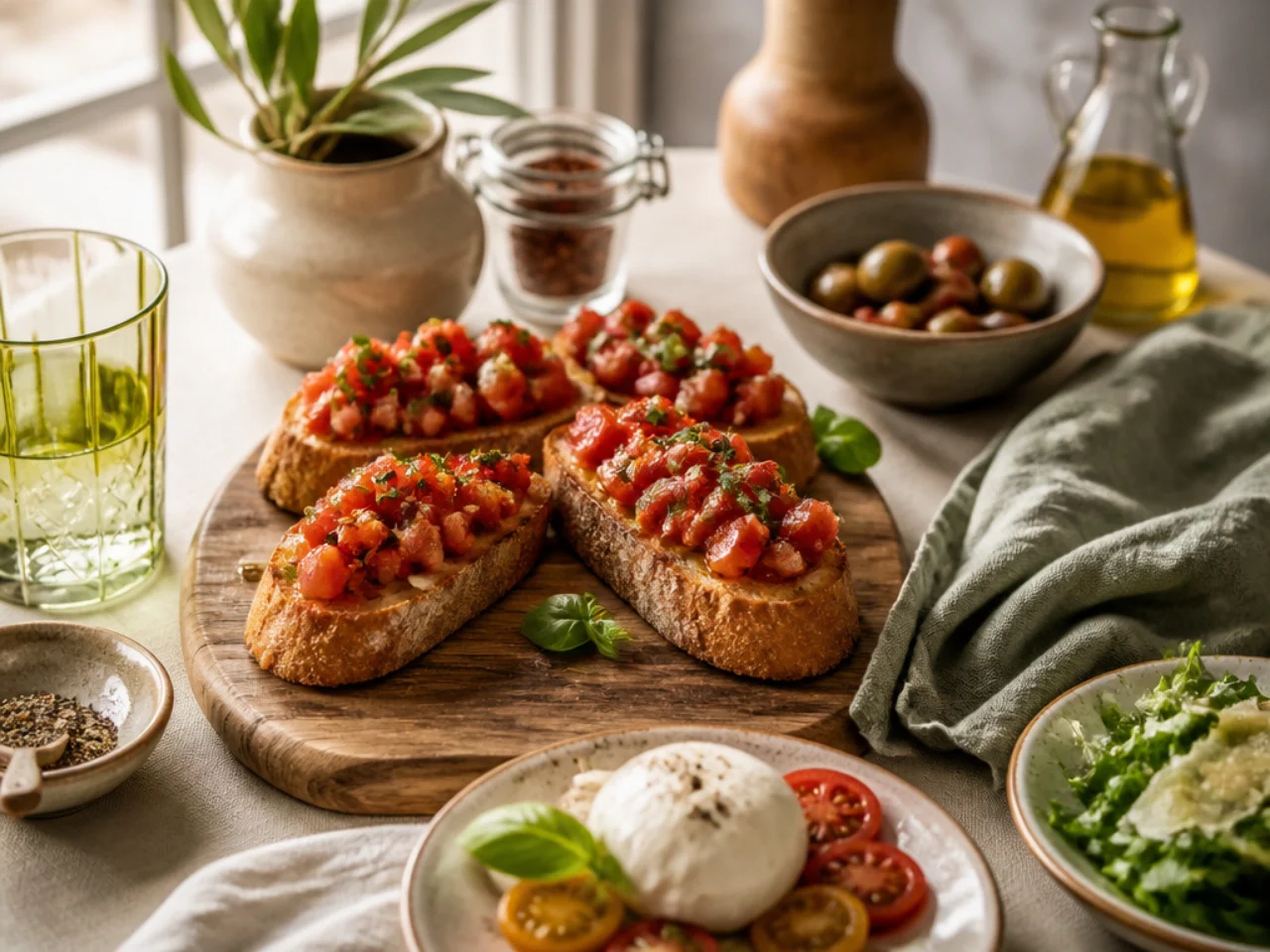 bruschetta served family-style on a cozy table