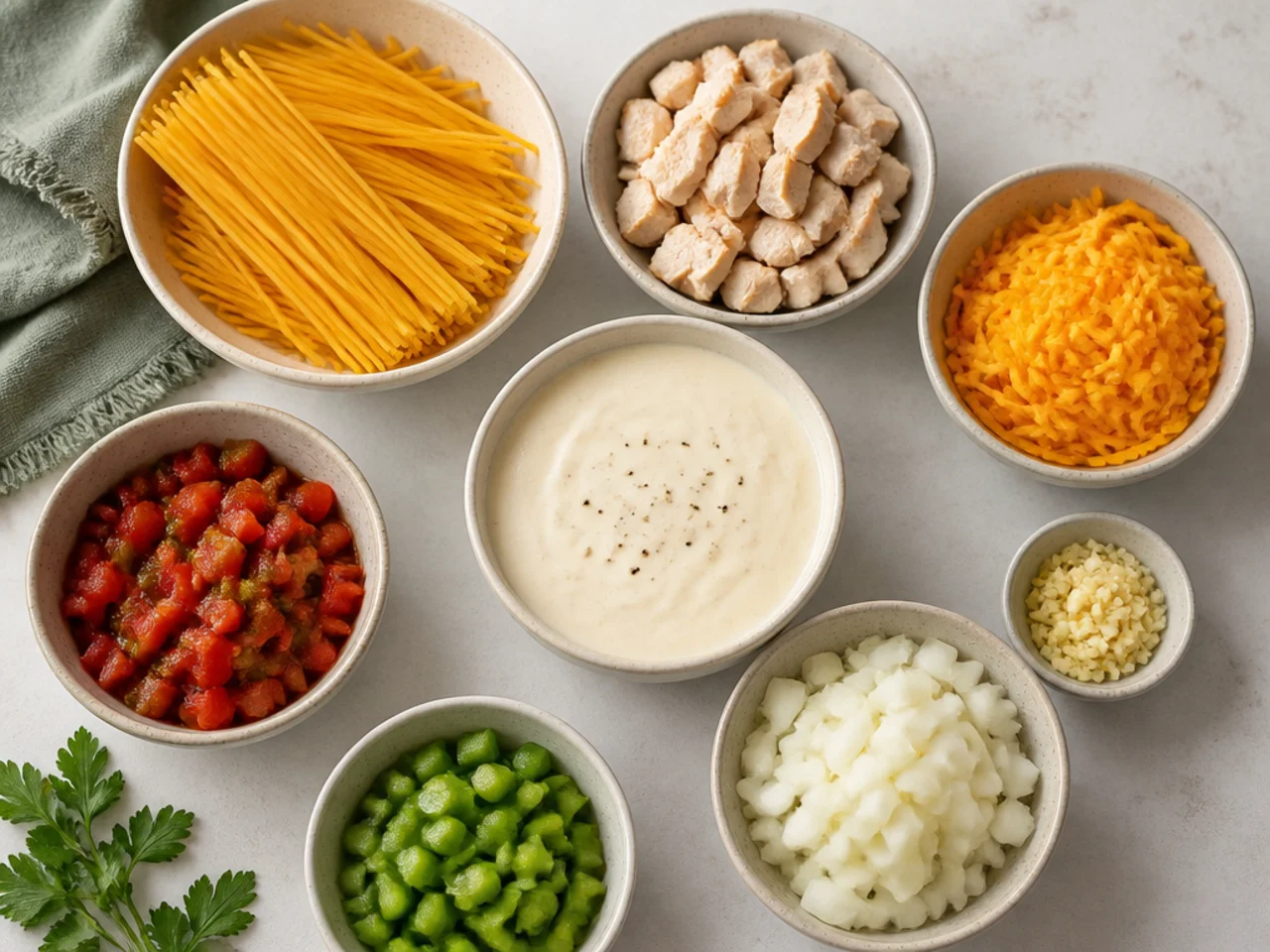 Fresh ingredients for chicken spaghetti arranged in bowls