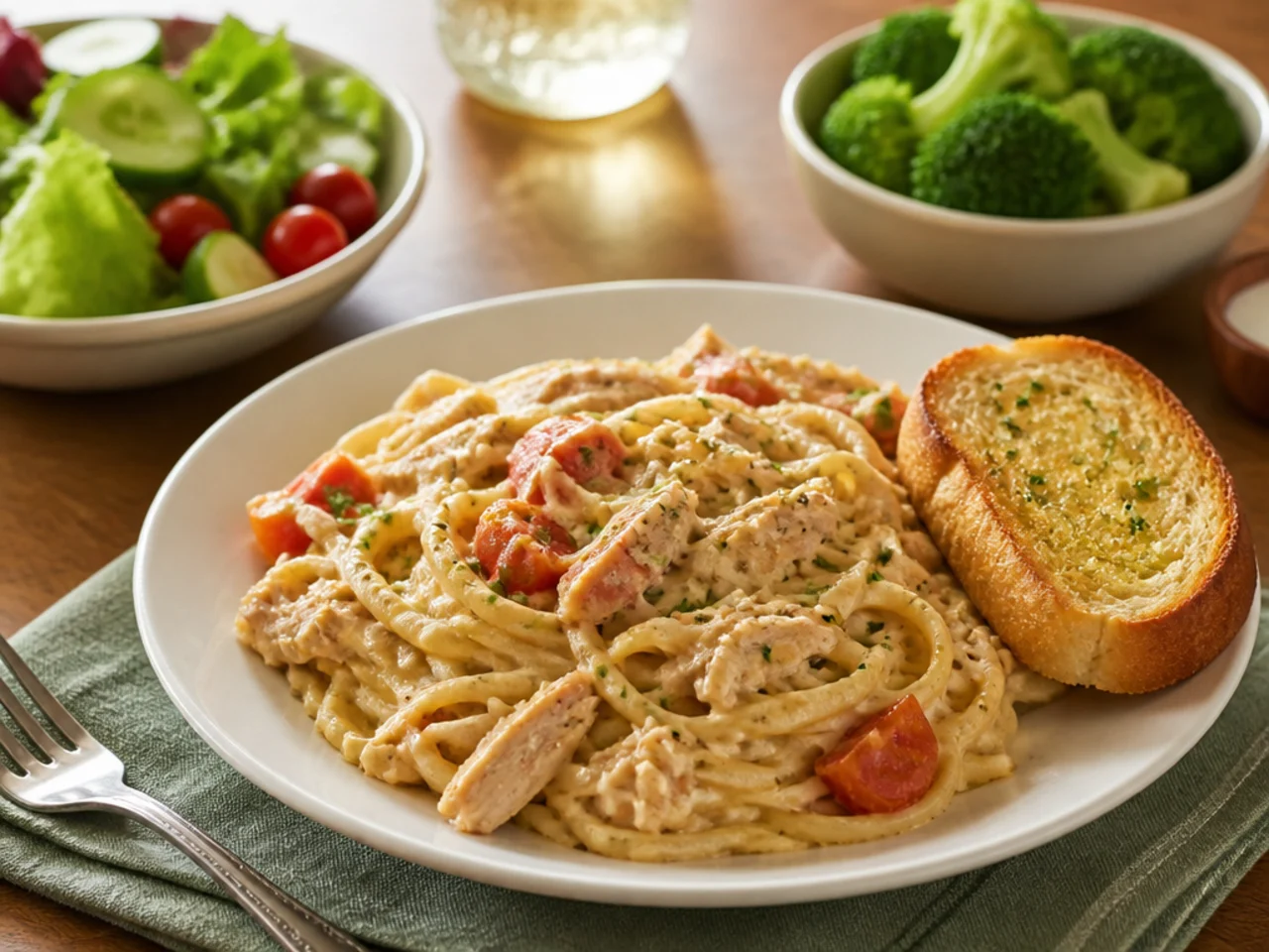 chicken spaghetti served with warm garlic bread, a green salad and steamed broccoli