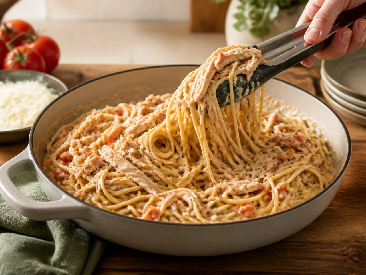 Step-by-step process shot for chicken spaghetti