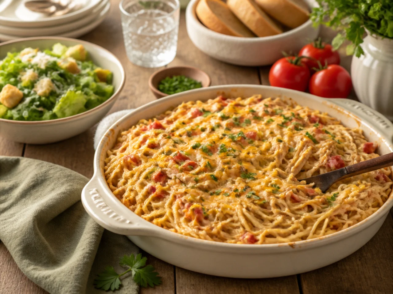chicken spaghetti served family-style on a cozy table