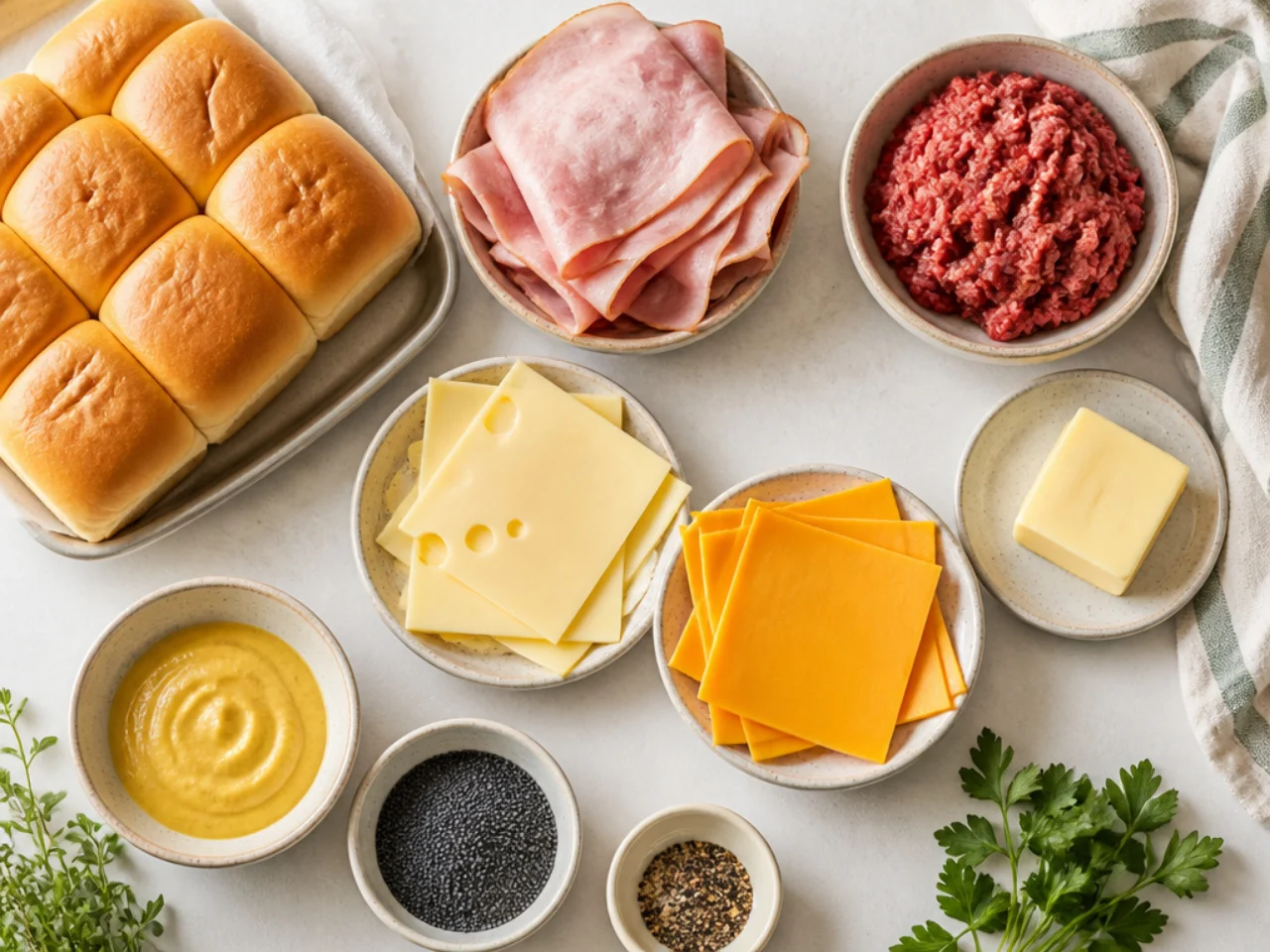 Fresh ingredients for Hawaiian roll sliders arranged in bowls