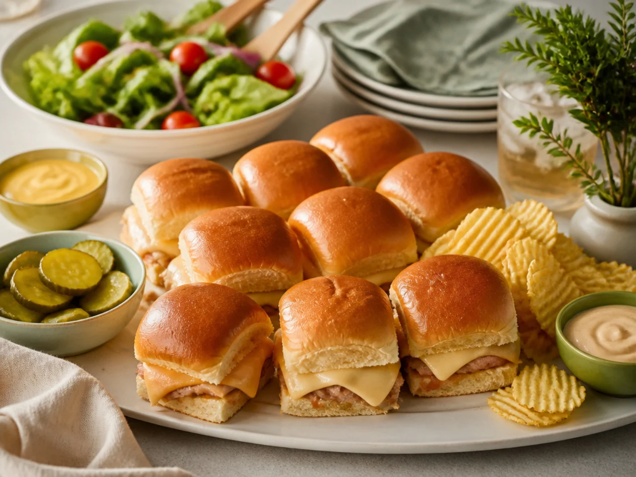 Hawaiian roll sliders served with potato chips, a crisp salad, pickles and dipping sauces