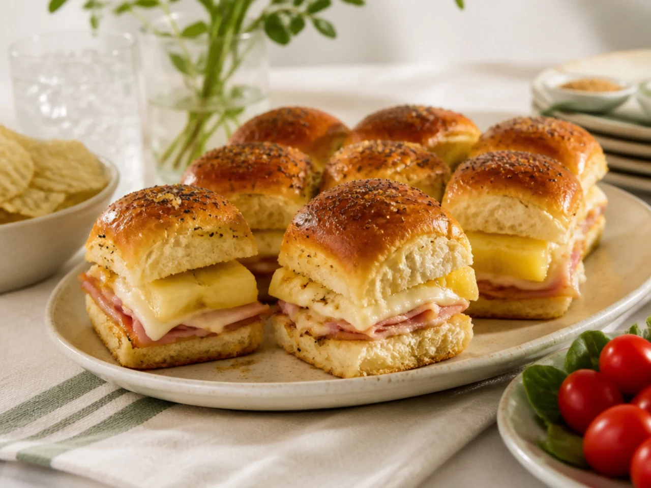 Hawaiian roll sliders served family-style on a cozy table