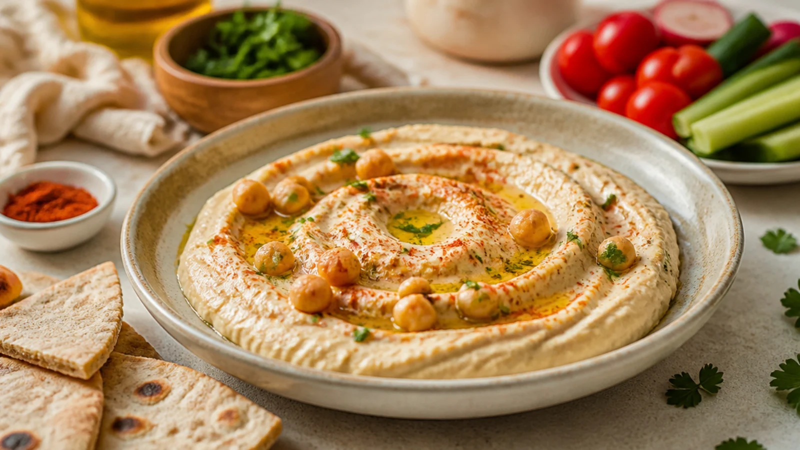 Easy Hummus Recipes Ready in Minutes — hummus plated and ready to serve
