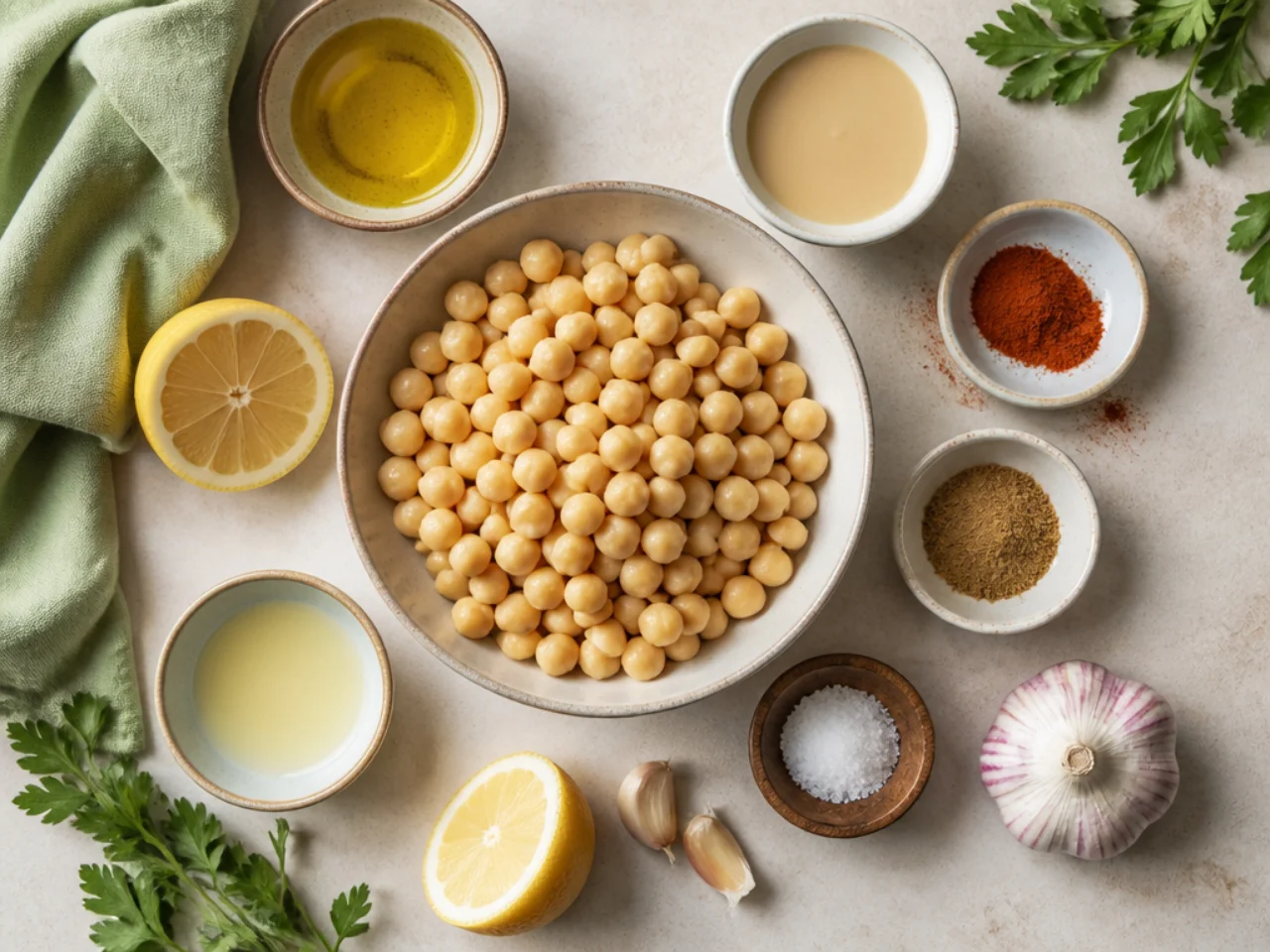 Fresh ingredients for hummus arranged in bowls