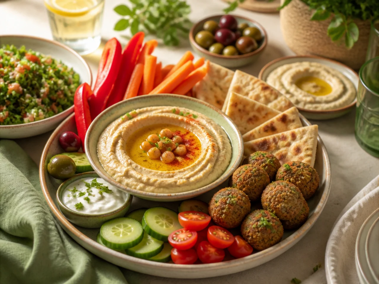 hummus served with warm pita, crunchy vegetables, falafel and a mezze platter