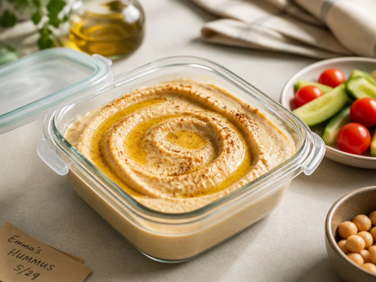 Make-ahead storage of hummus in containers