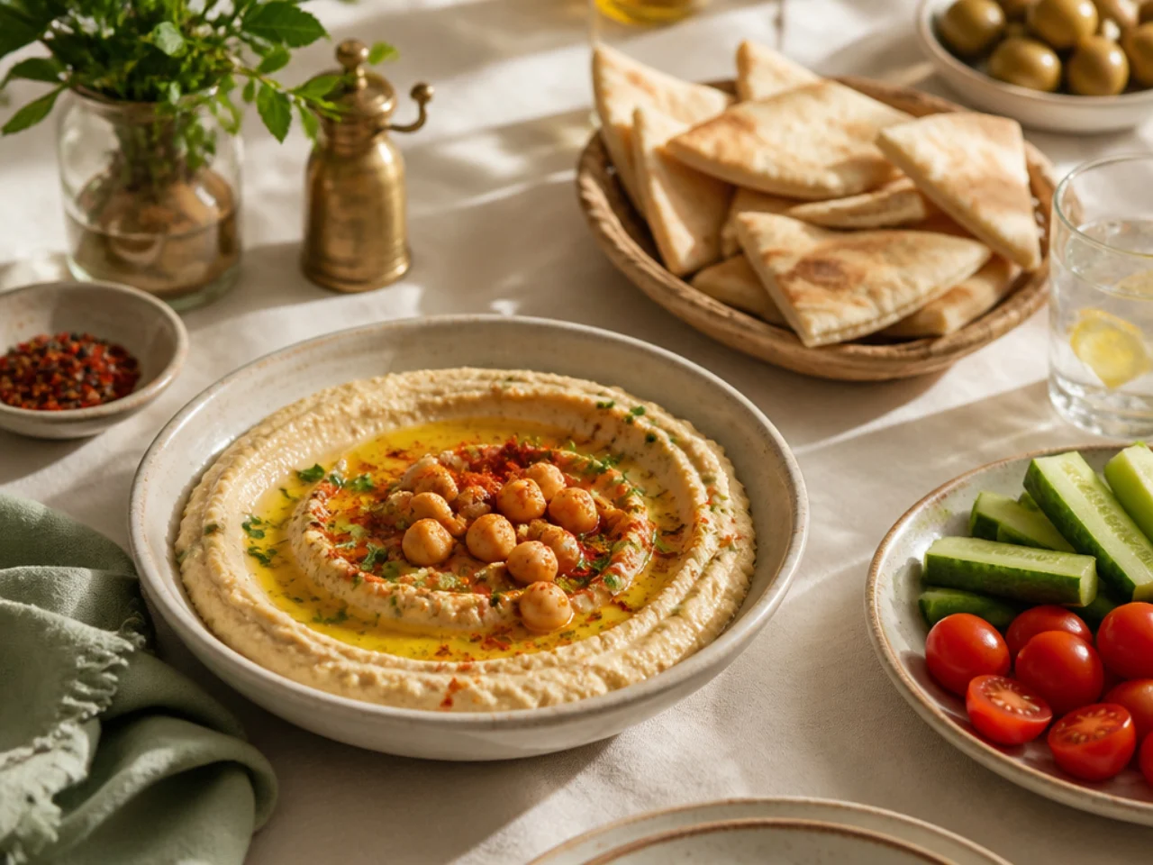 hummus served family-style on a cozy table