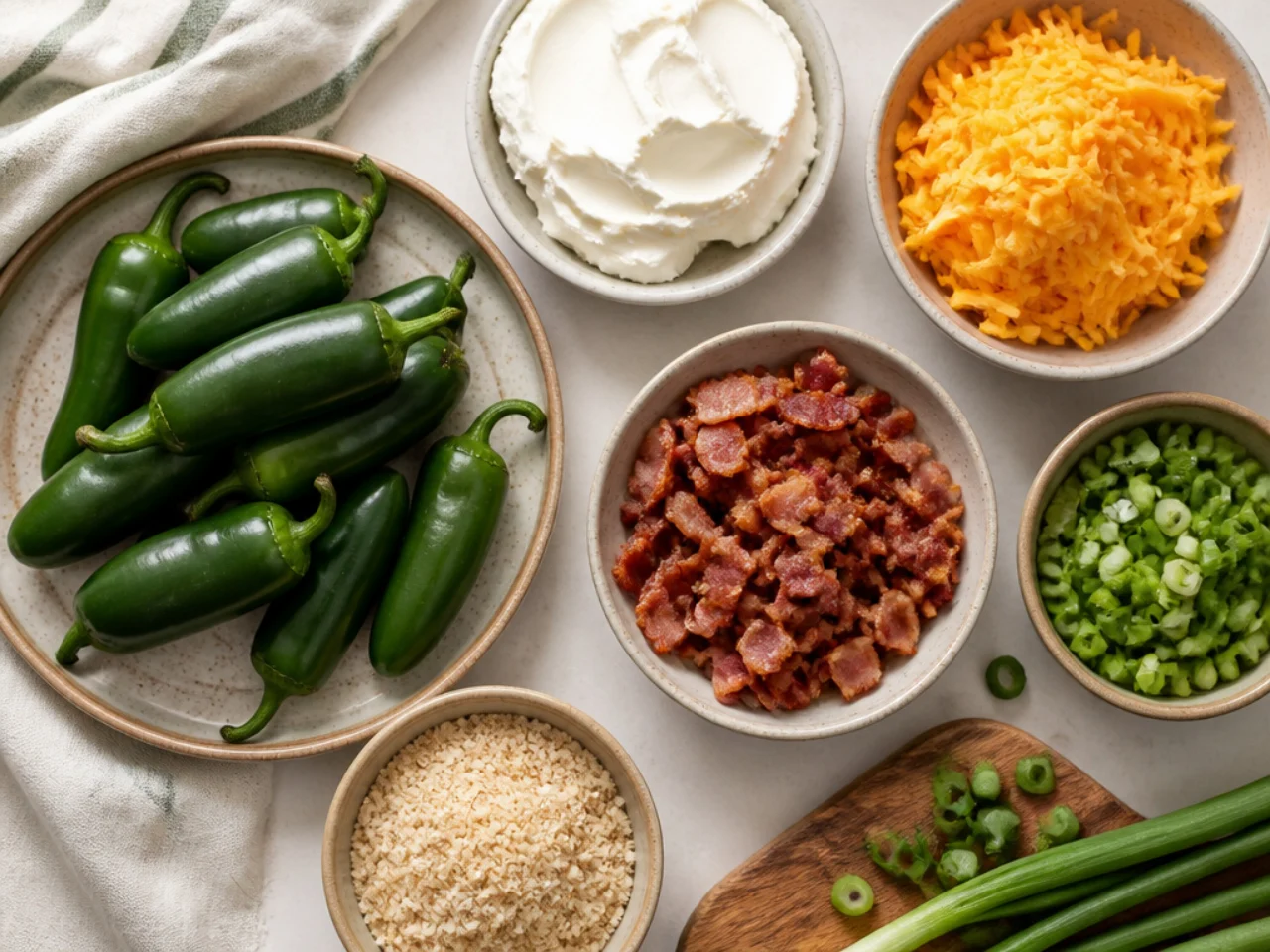 Fresh ingredients for jalapeno poppers arranged in bowls