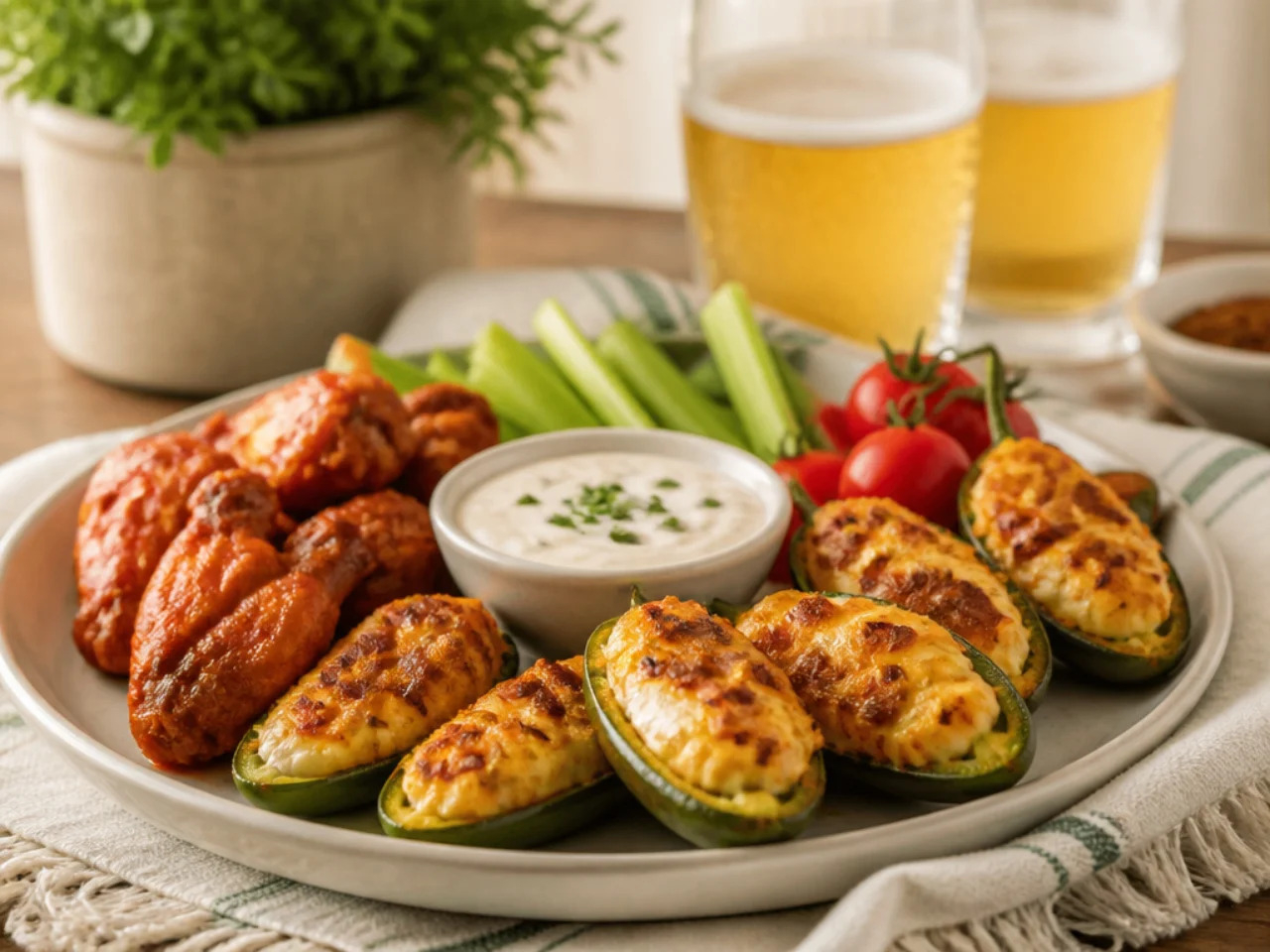 jalapeno poppers served with cool ranch or blue cheese dip, wings and cold drinks