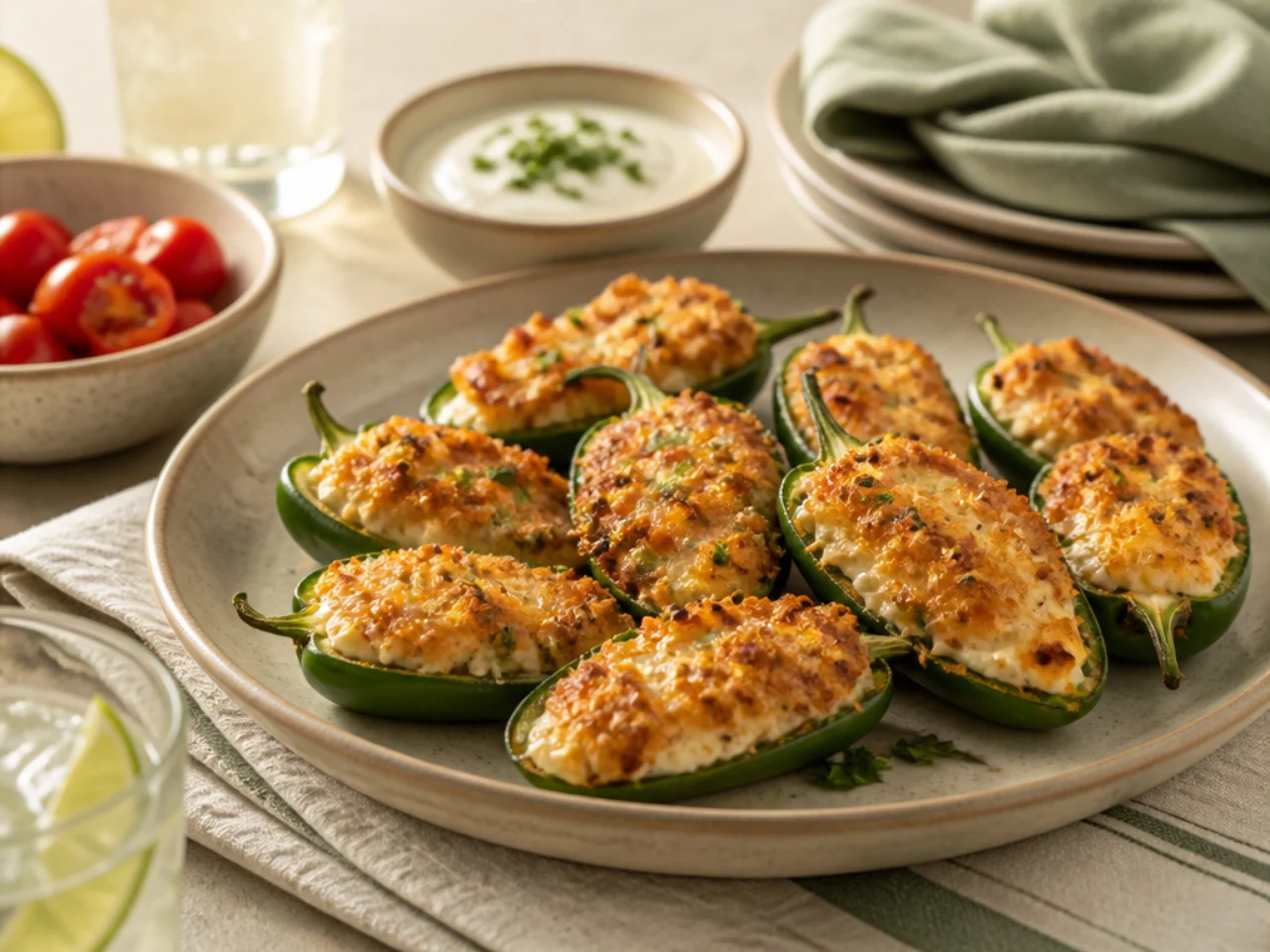 jalapeno poppers served family-style on a cozy table