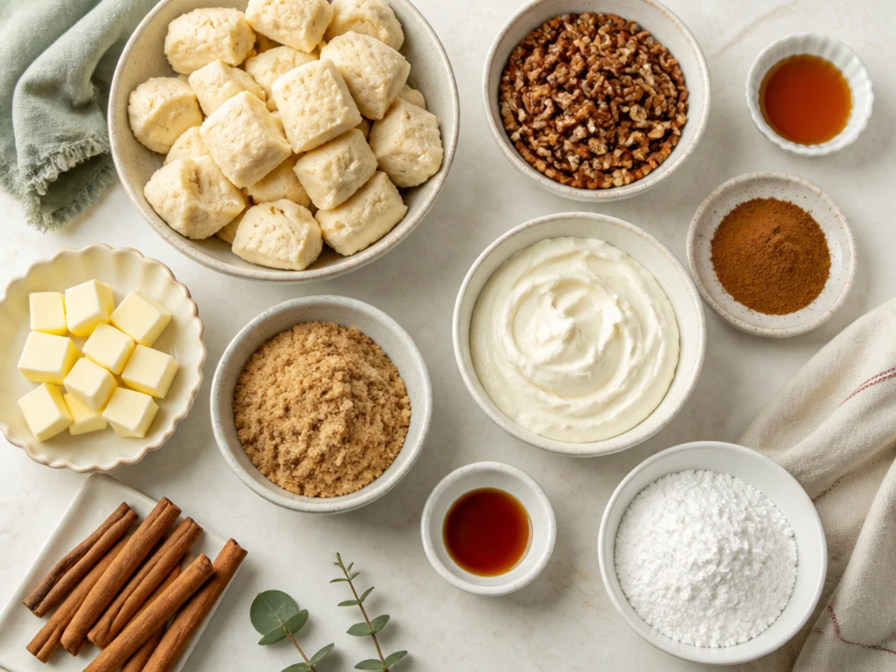 Fresh ingredients for monkey bread arranged in bowls