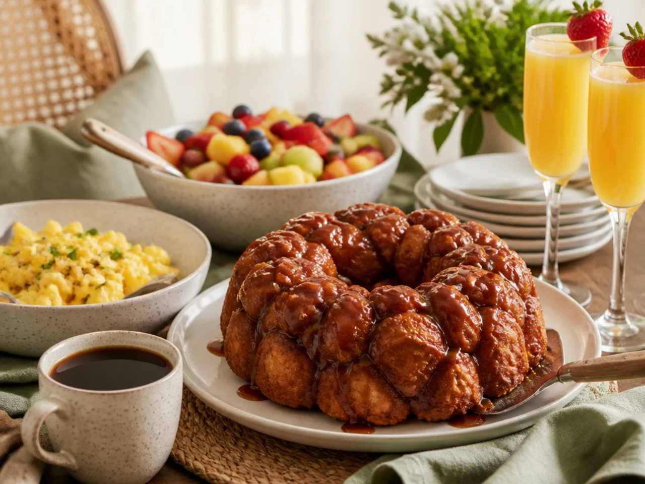 monkey bread served with fresh coffee, scrambled eggs, fruit salad and mimosas