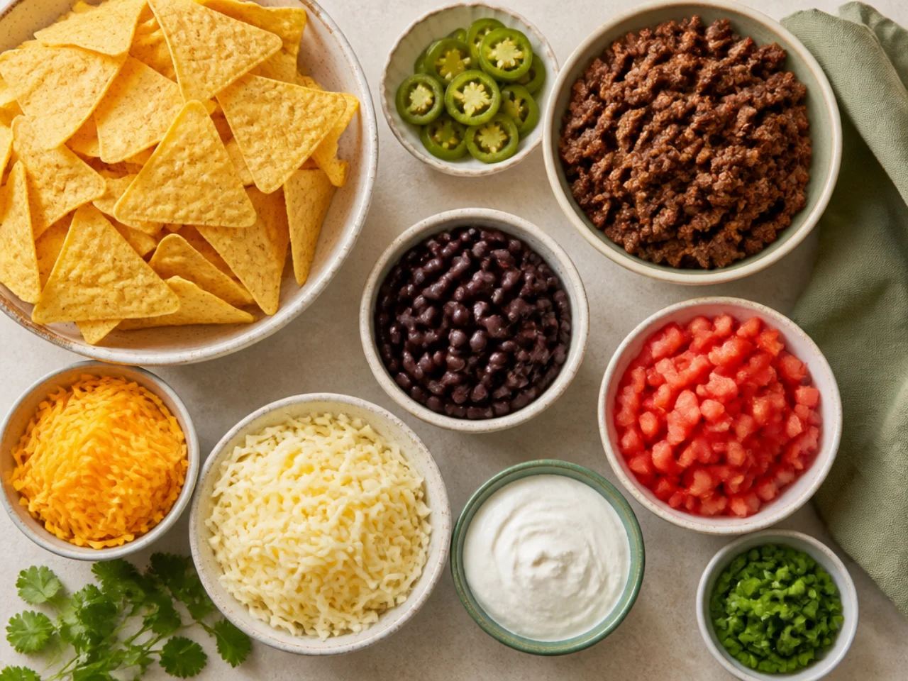 Fresh ingredients for nachos arranged in bowls