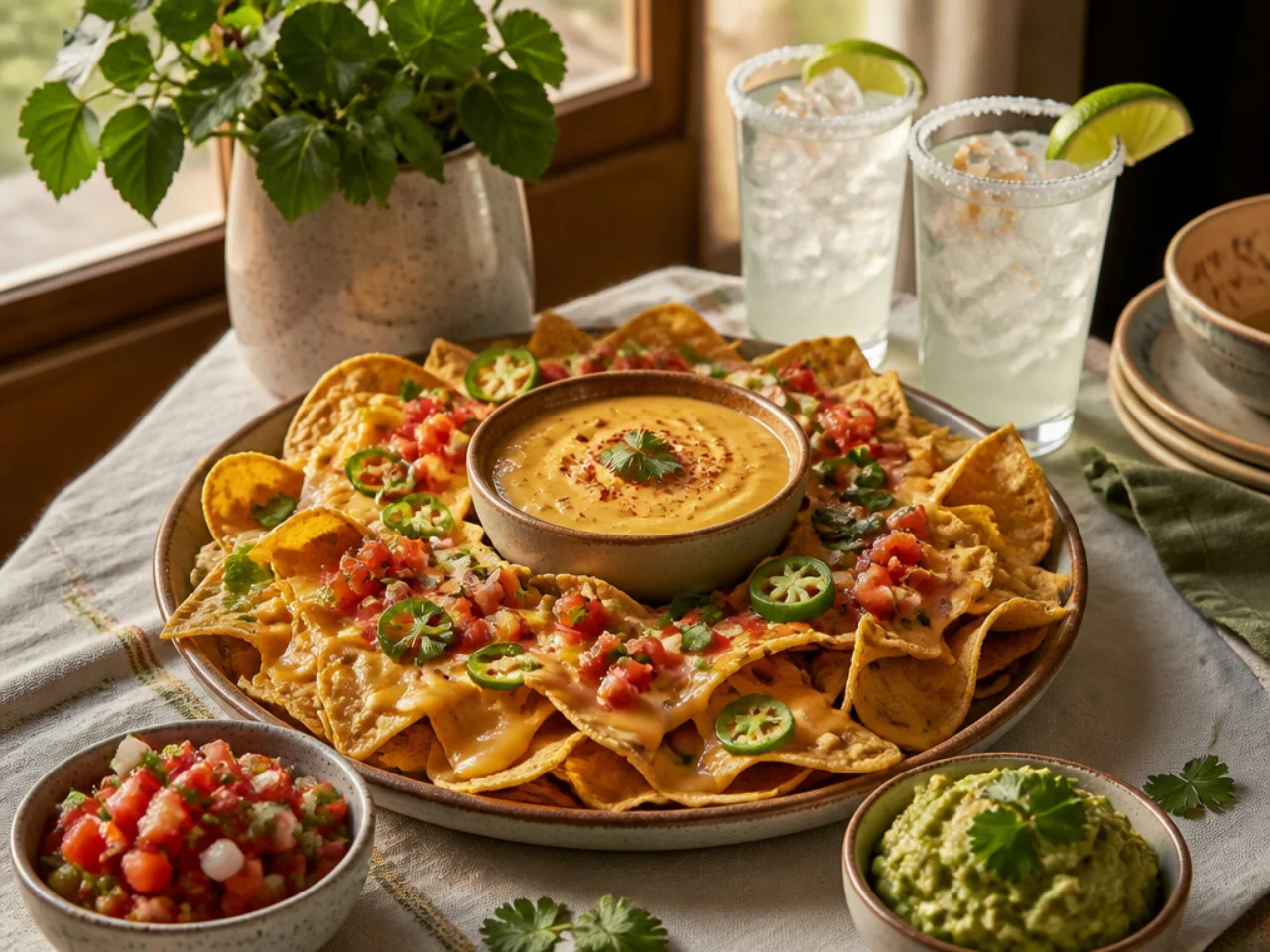 nachos served with fresh salsa, warm queso, guacamole and ice-cold drinks