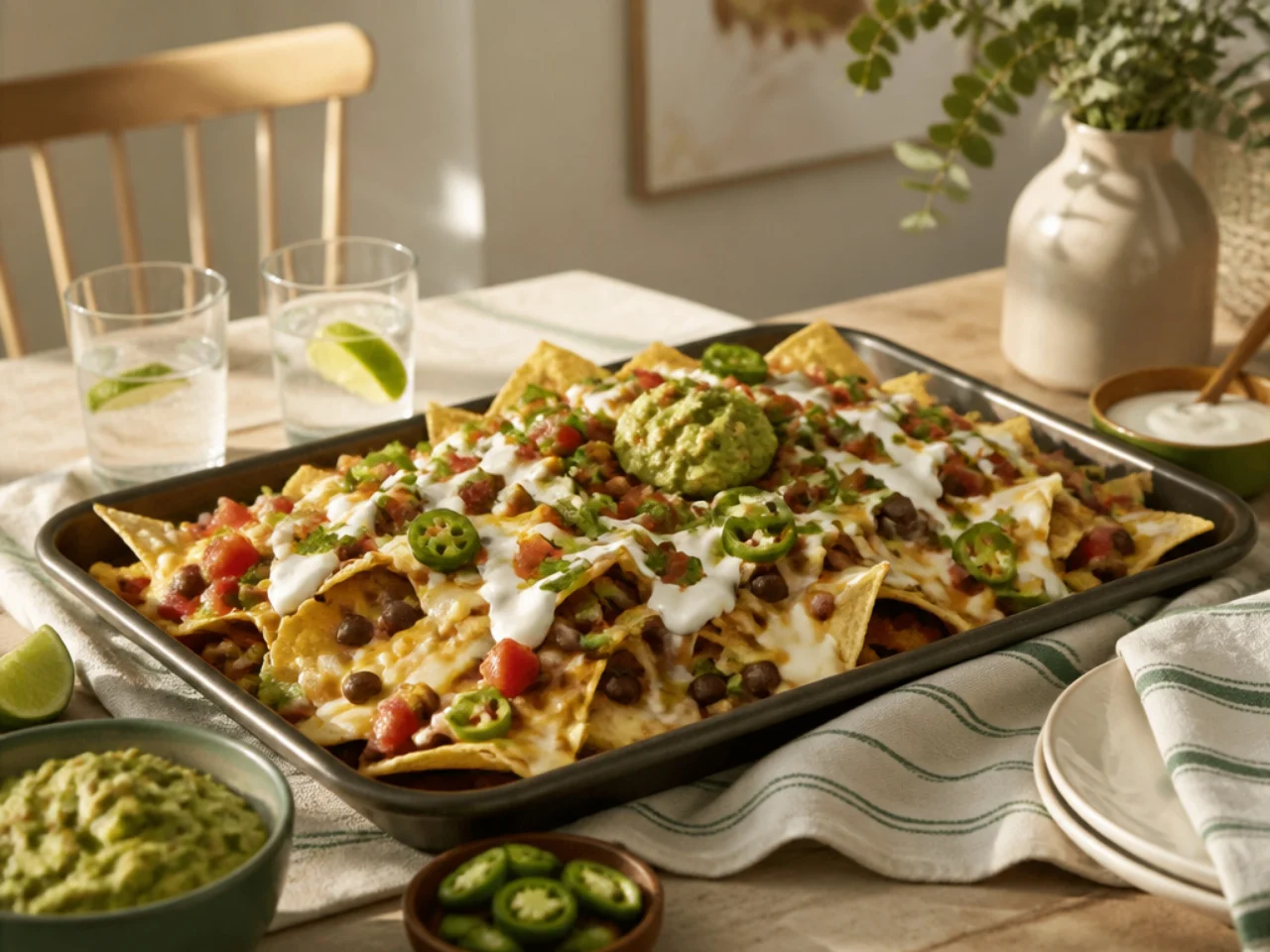 nachos served family-style on a cozy table