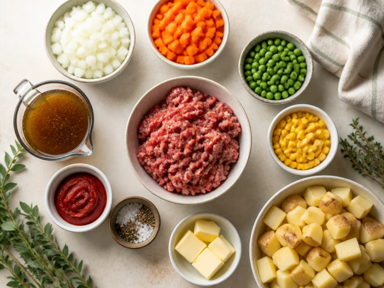 Fresh ingredients for shepherd's pie arranged in bowls