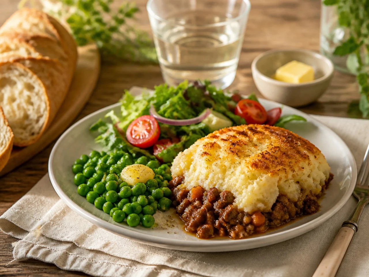 shepherd's pie served with crusty bread, buttered peas and a simple side salad