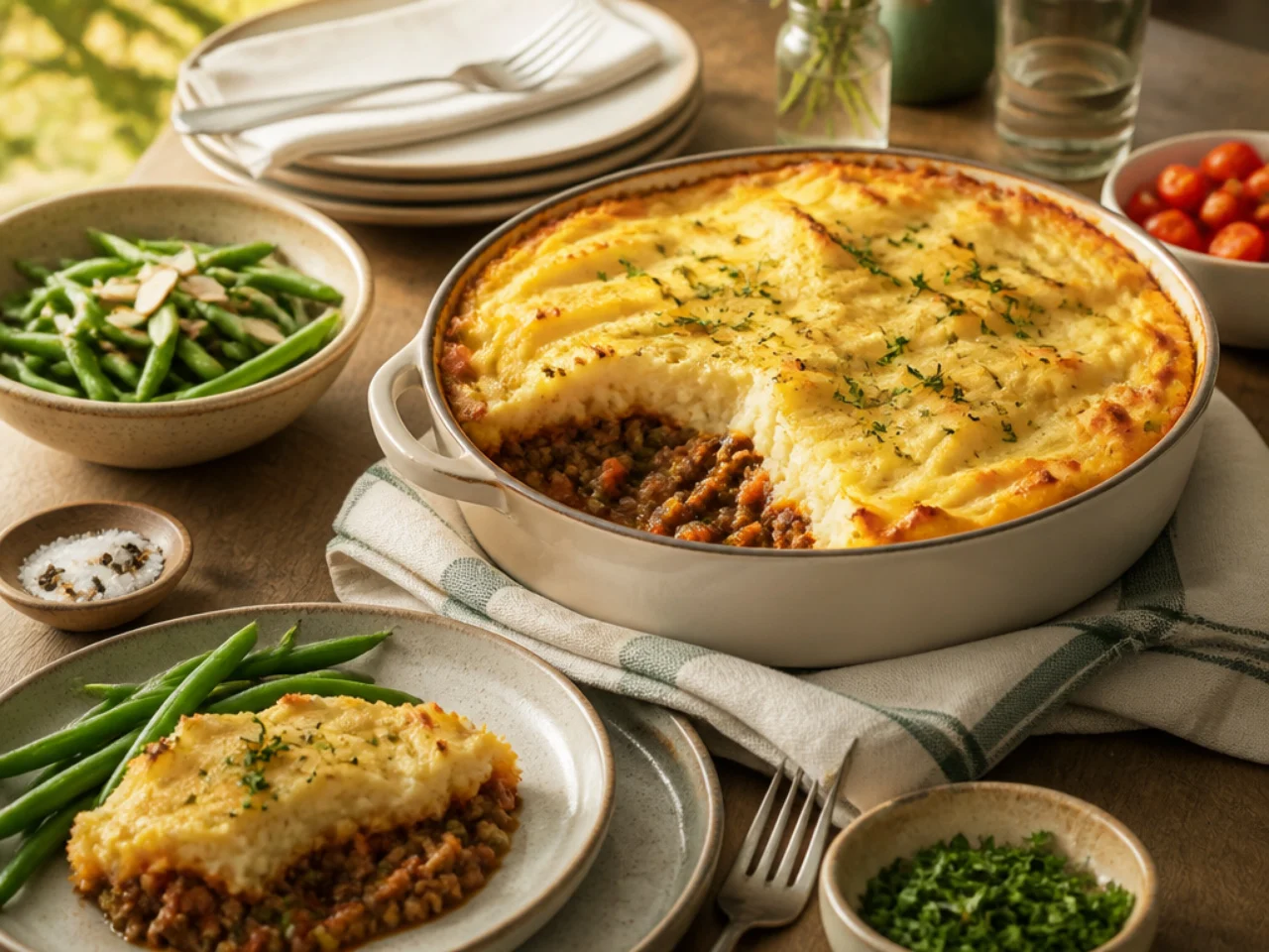 shepherd's pie served family-style on a cozy table