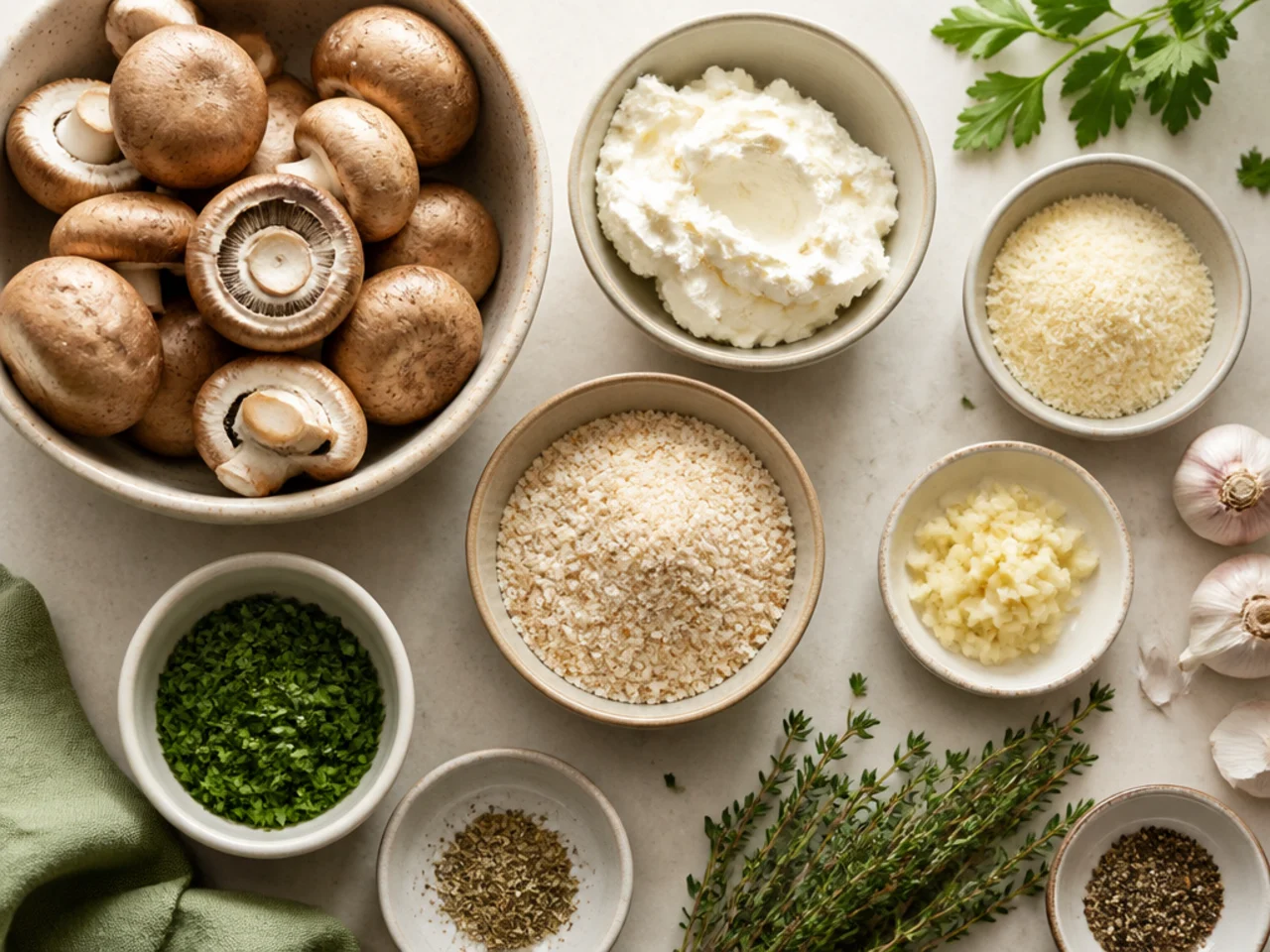 Fresh ingredients for stuffed mushrooms arranged in bowls