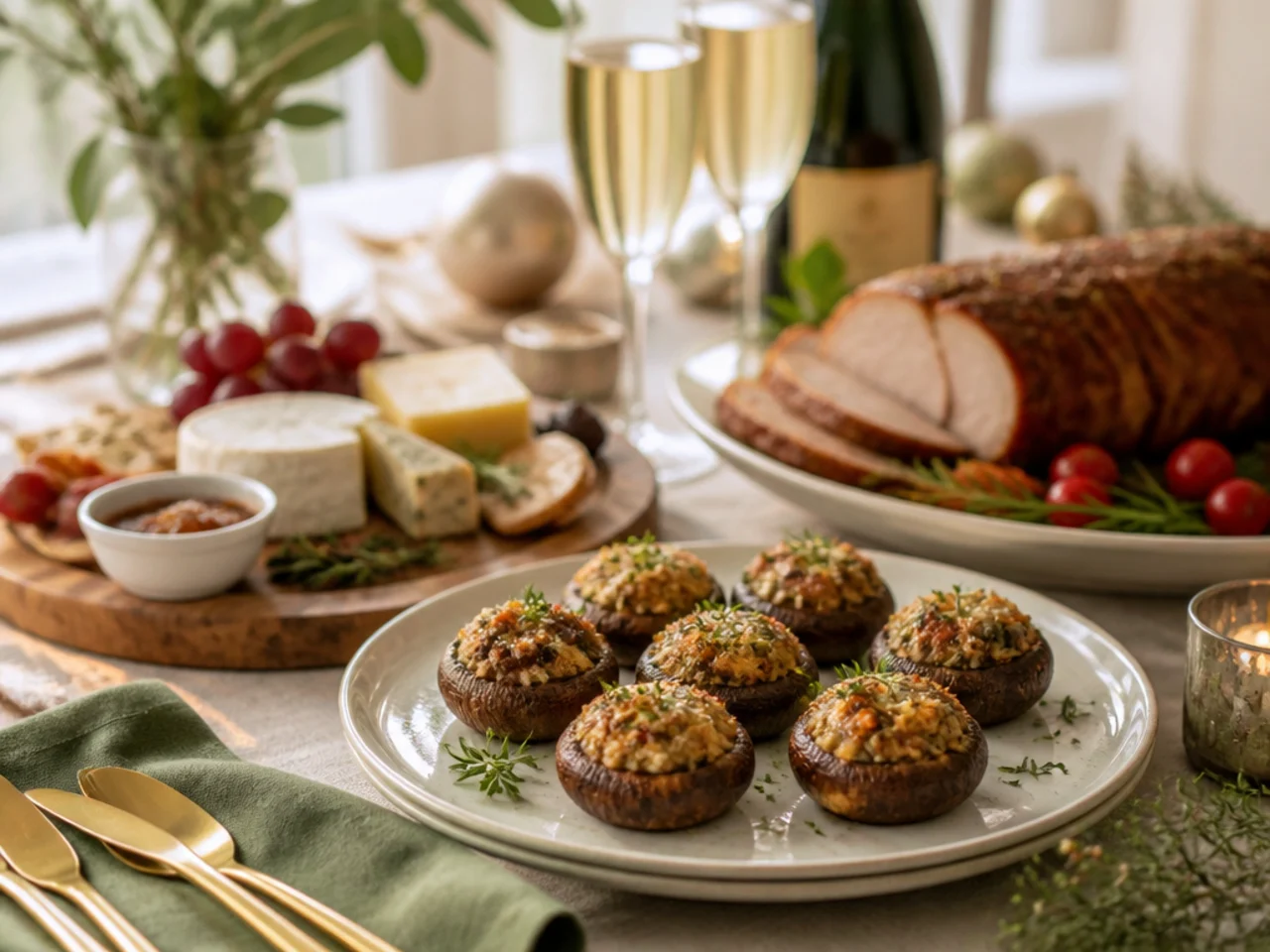 stuffed mushrooms served with a holiday roast, a cheese board and sparkling wine