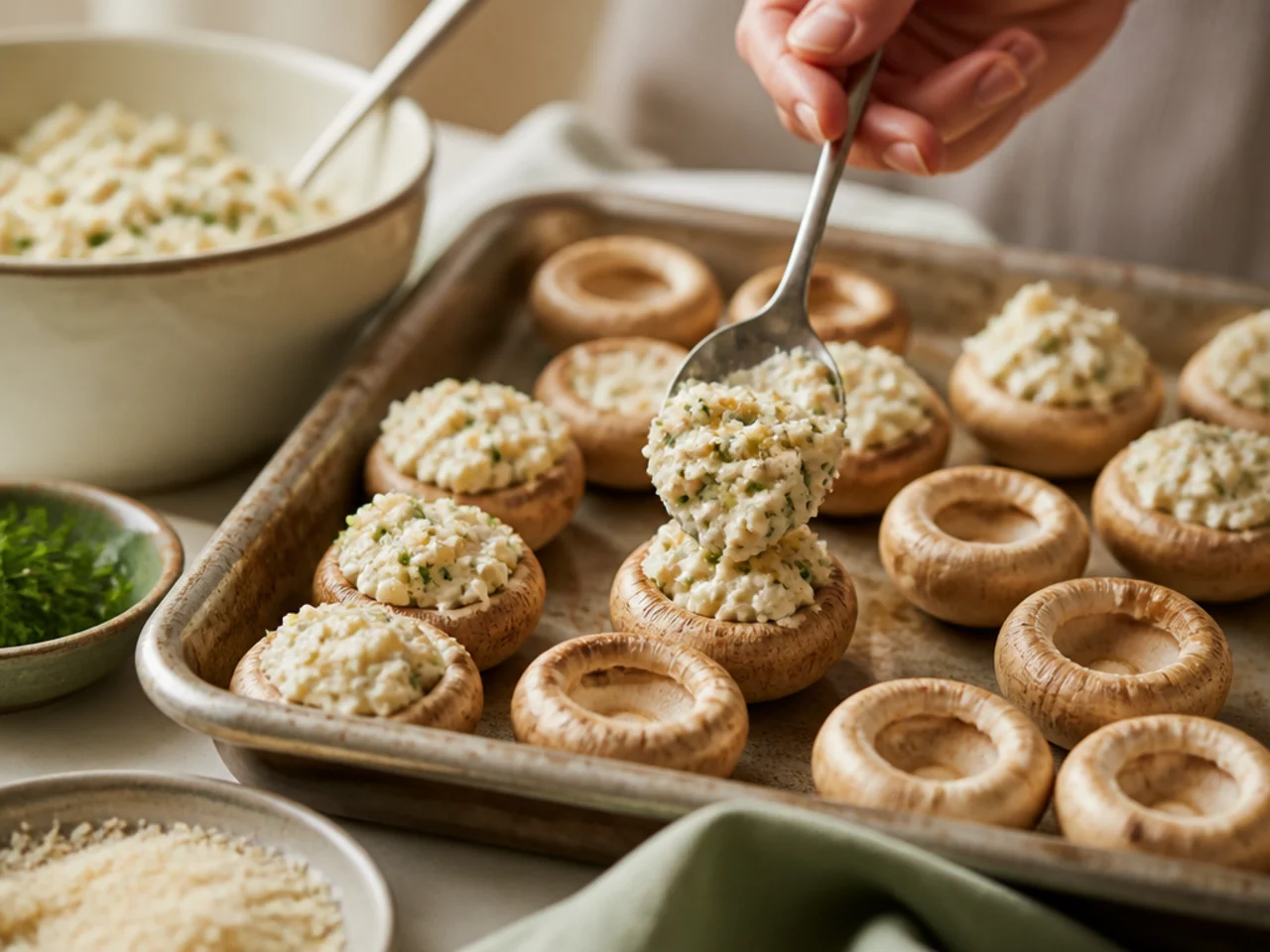 Step-by-step process shot for stuffed mushrooms