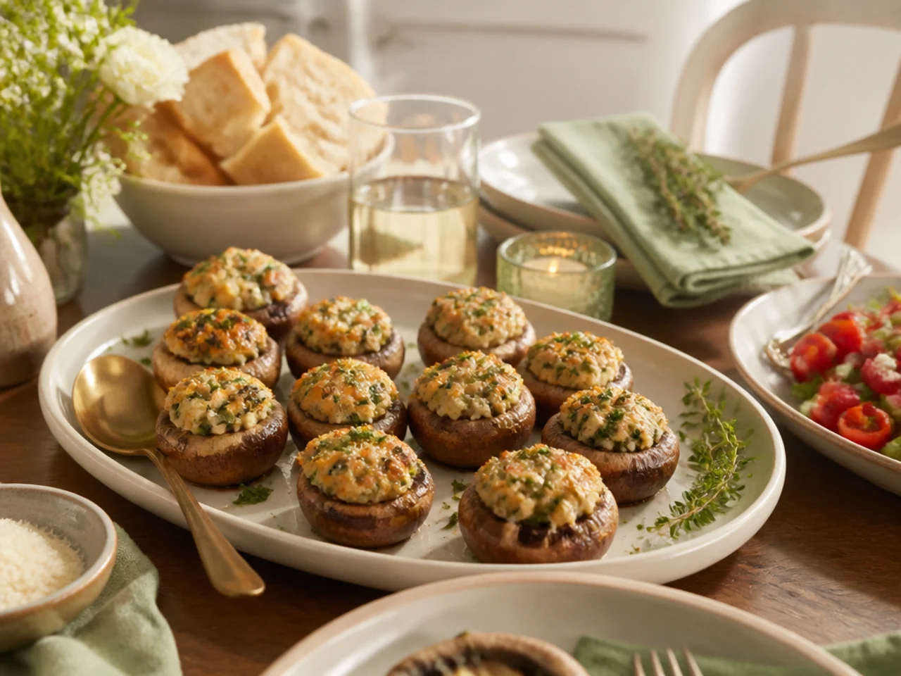 stuffed mushrooms served family-style on a cozy table