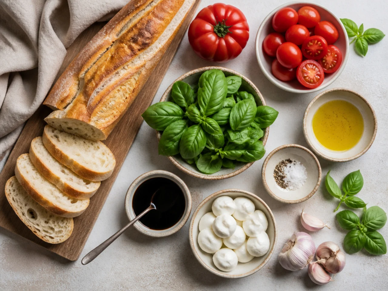 Fresh ingredients for bruschetta arranged in bowls