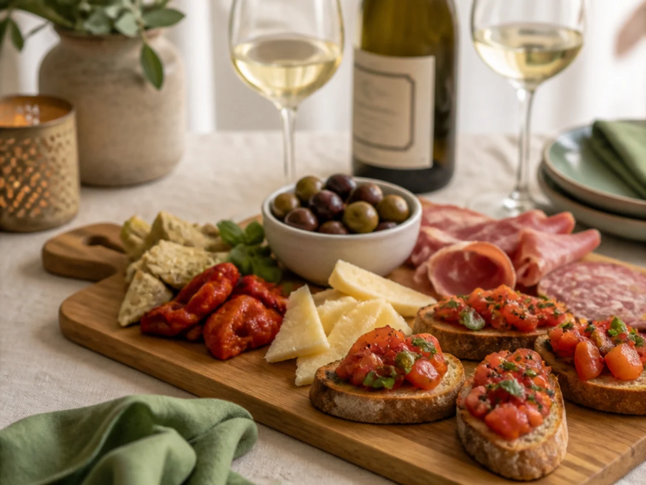 bruschetta served with a cheese board, marinated olives, antipasto and chilled white wine