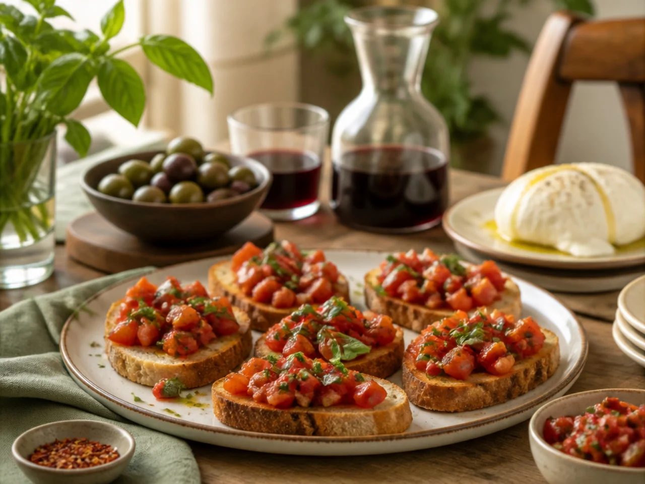 bruschetta served family-style on a cozy table