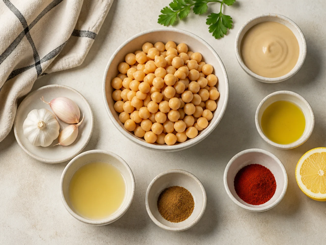 Fresh ingredients for hummus arranged in bowls