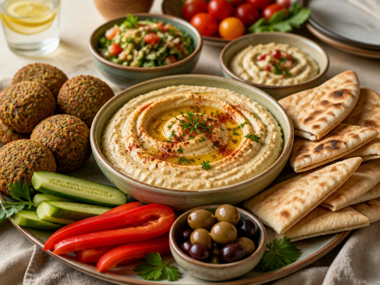 hummus served with warm pita, crunchy vegetables, falafel and a mezze platter